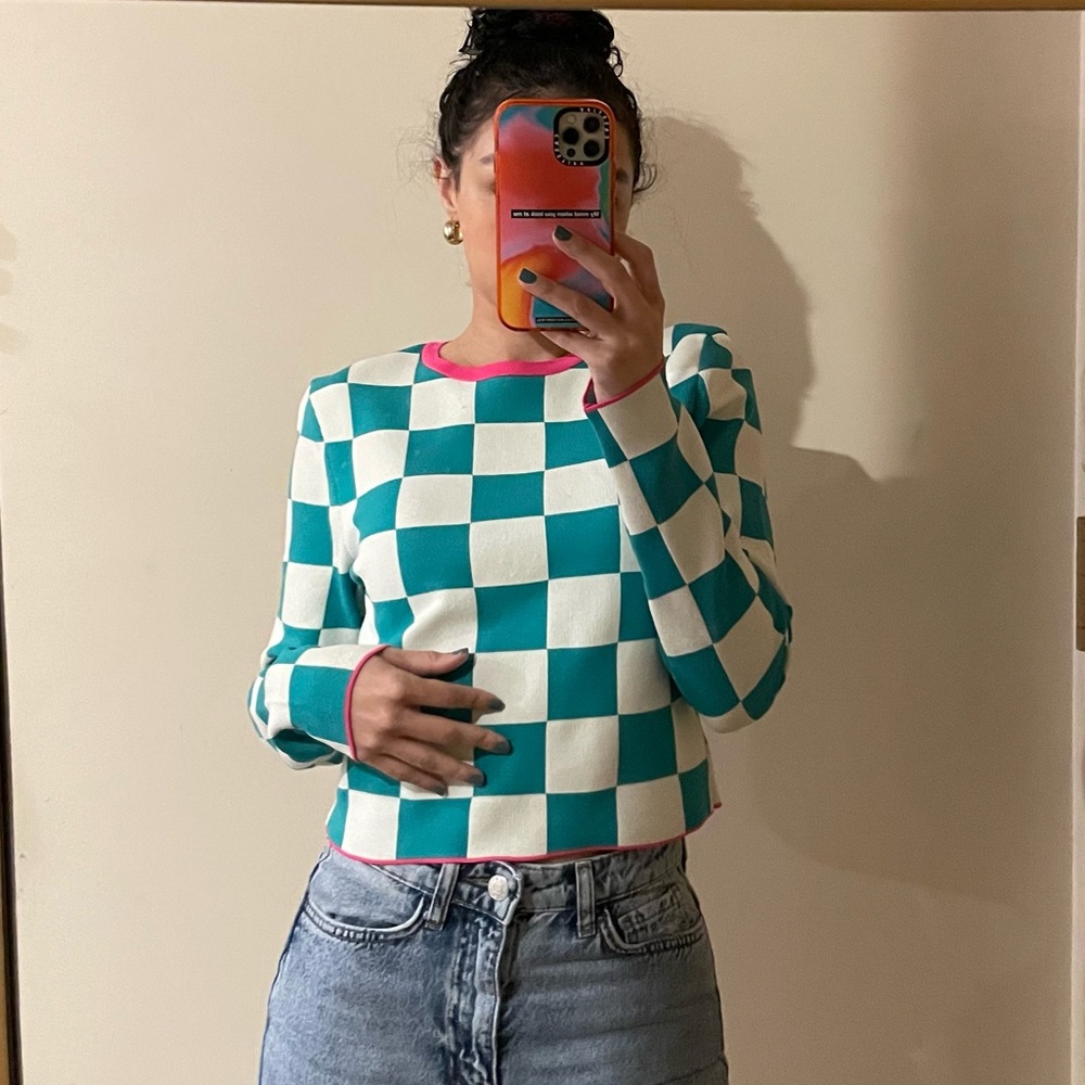 Green and white plaid Zara top with pink trim